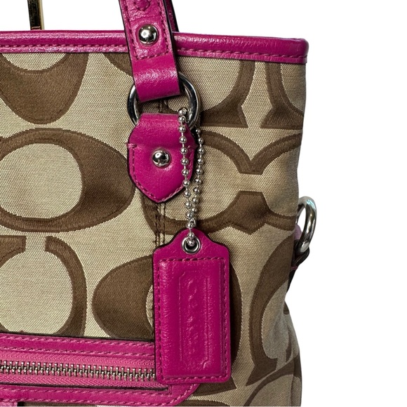 Coach Khaki & Bright Magenta Daisy Outline Signature Mia Tote Bag & Wallet - Picture 6 of 16